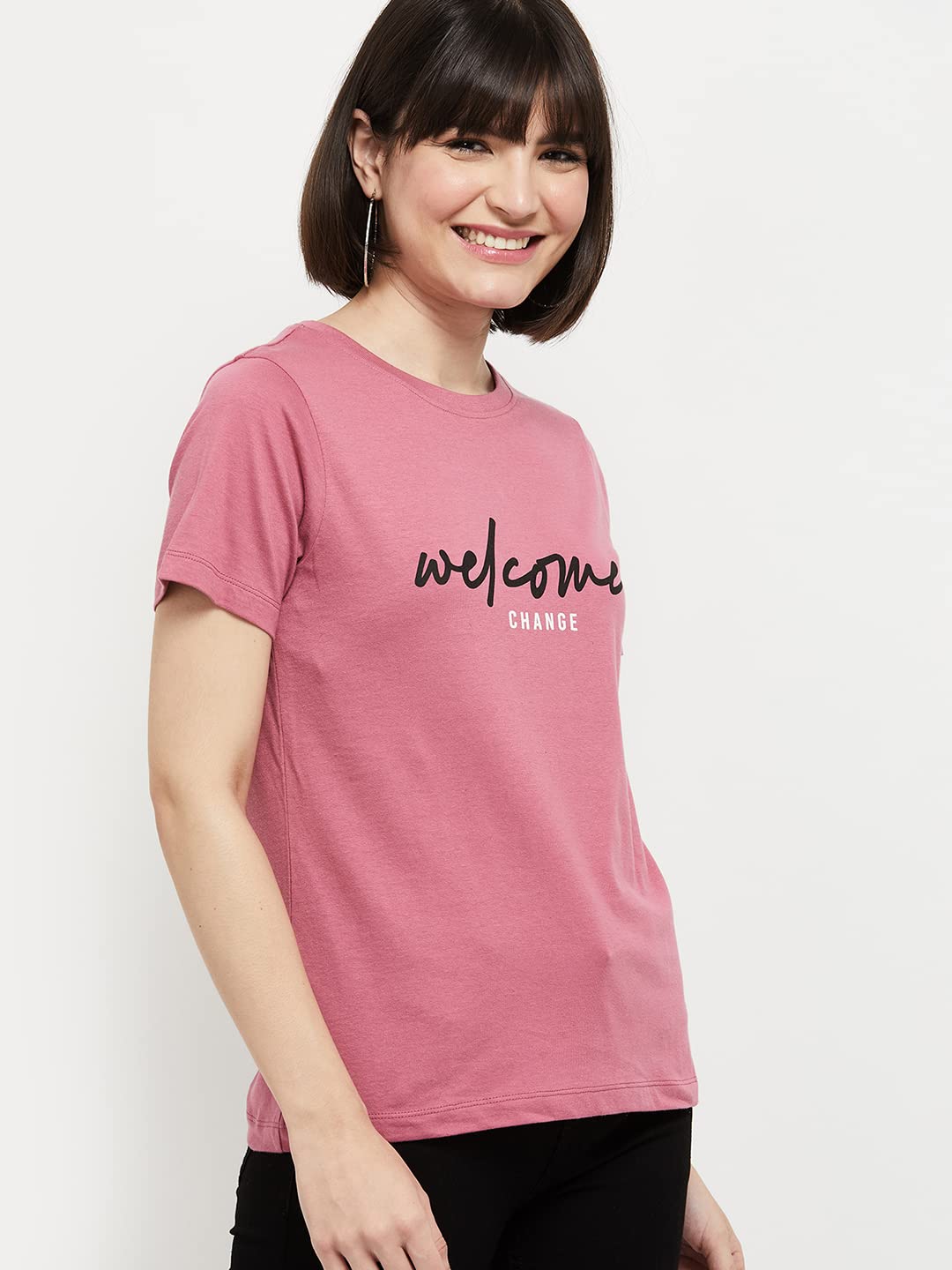 Max Women Cotton Printed Regular Fit Round Neck T-Shirt (Pa22Ycpepp06Blush)_L