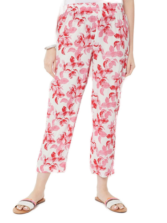 Max Women Floral Print Straight Pants (Off White_S)