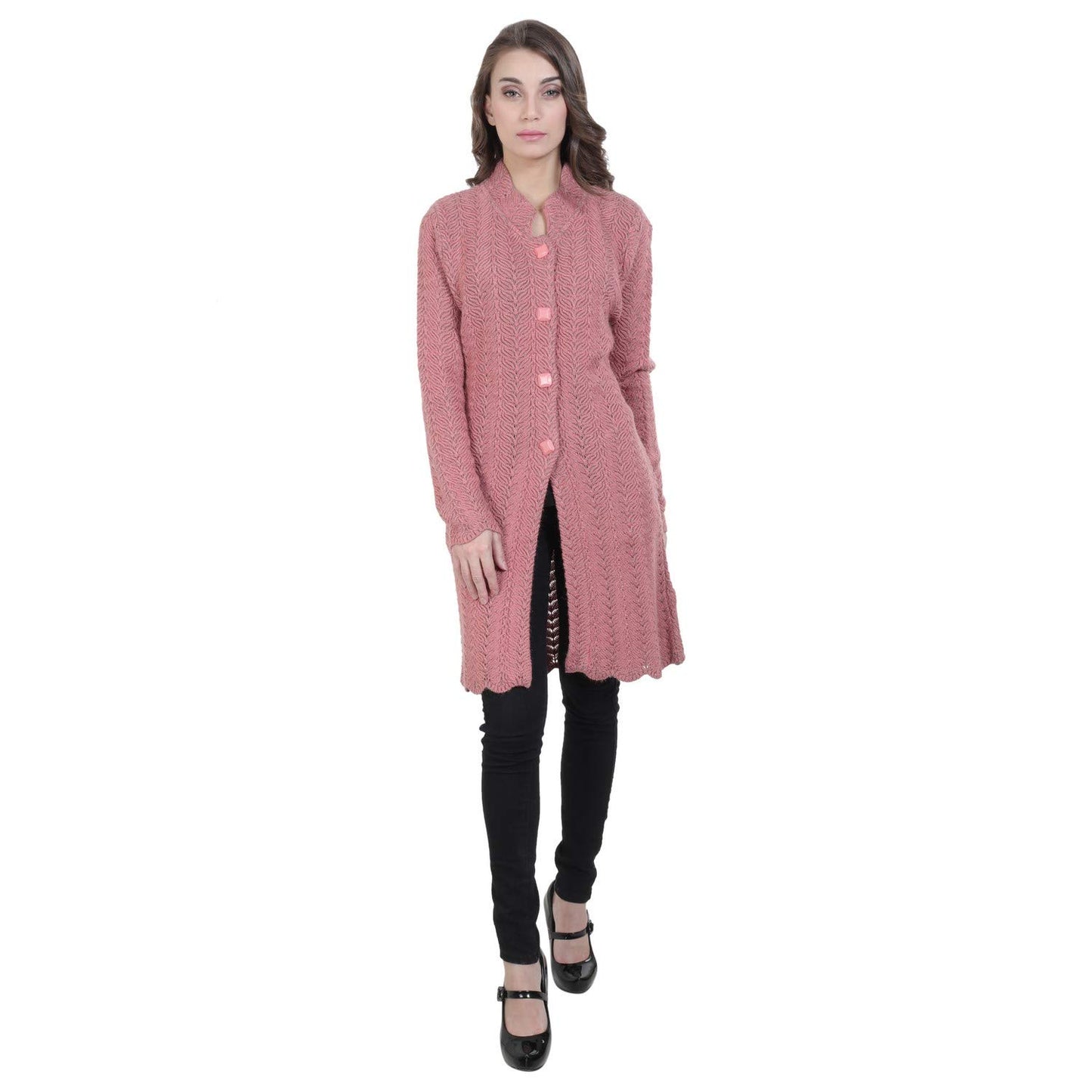 HAUTEMODA Womens Woollen Round Neck Embroidered Cardigan With Pockets (Pink_XXL)
