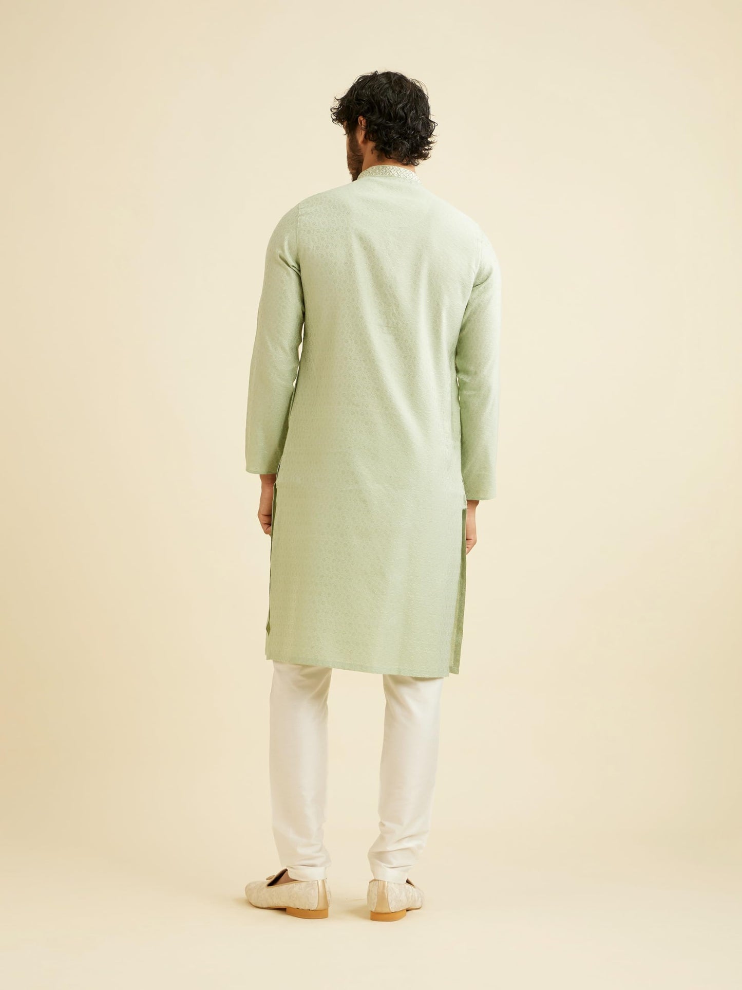 Manyavar Men's Viscose Blend Thread Work| Self Design Kurta Pyjama Set (Green,S)