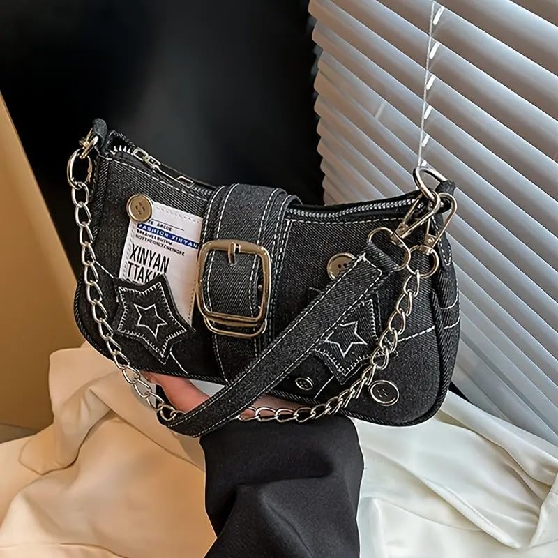 Denim Shoulder Bag for Women, Canvas Aesthetic Crossbody Bag, Lightweight Hobo Handbags, Retro Messenger Bag for Teen Girls, Casual Style Jeans Purse for everyday Use with Zipper Pockets (Black Chic)