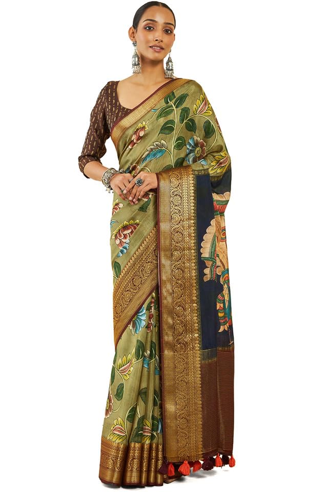 Soch Womens Olive Crepe Saree With Floral Kalamkari Print And Zari Borders