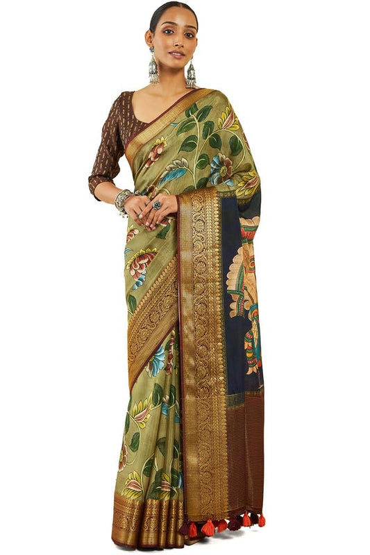 Soch Womens Olive Crepe Saree With Floral Kalamkari Print And Zari Borders