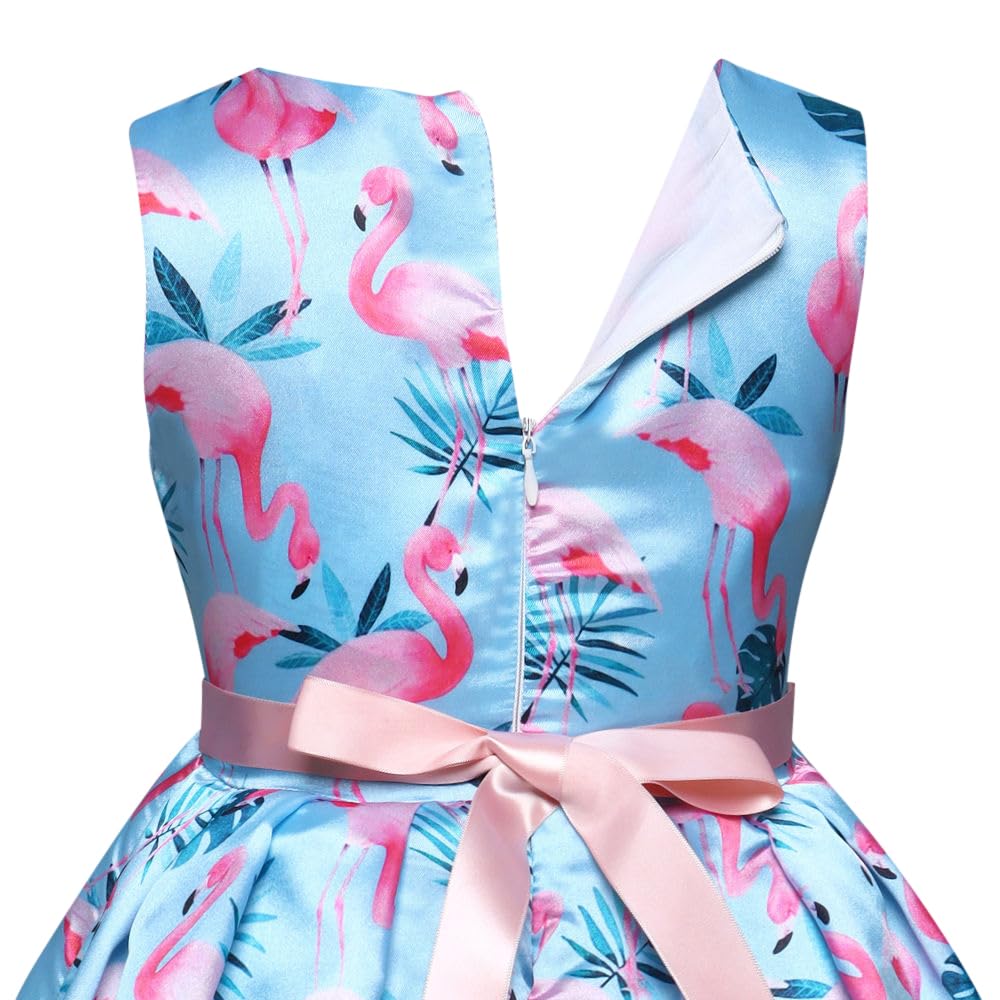 Hopscotch Girls Polyester Sleeveless Bird Print Fit And Flare Maxi Party Dress In Blue Color For Ages 3-4 Years (SRS-2302275)