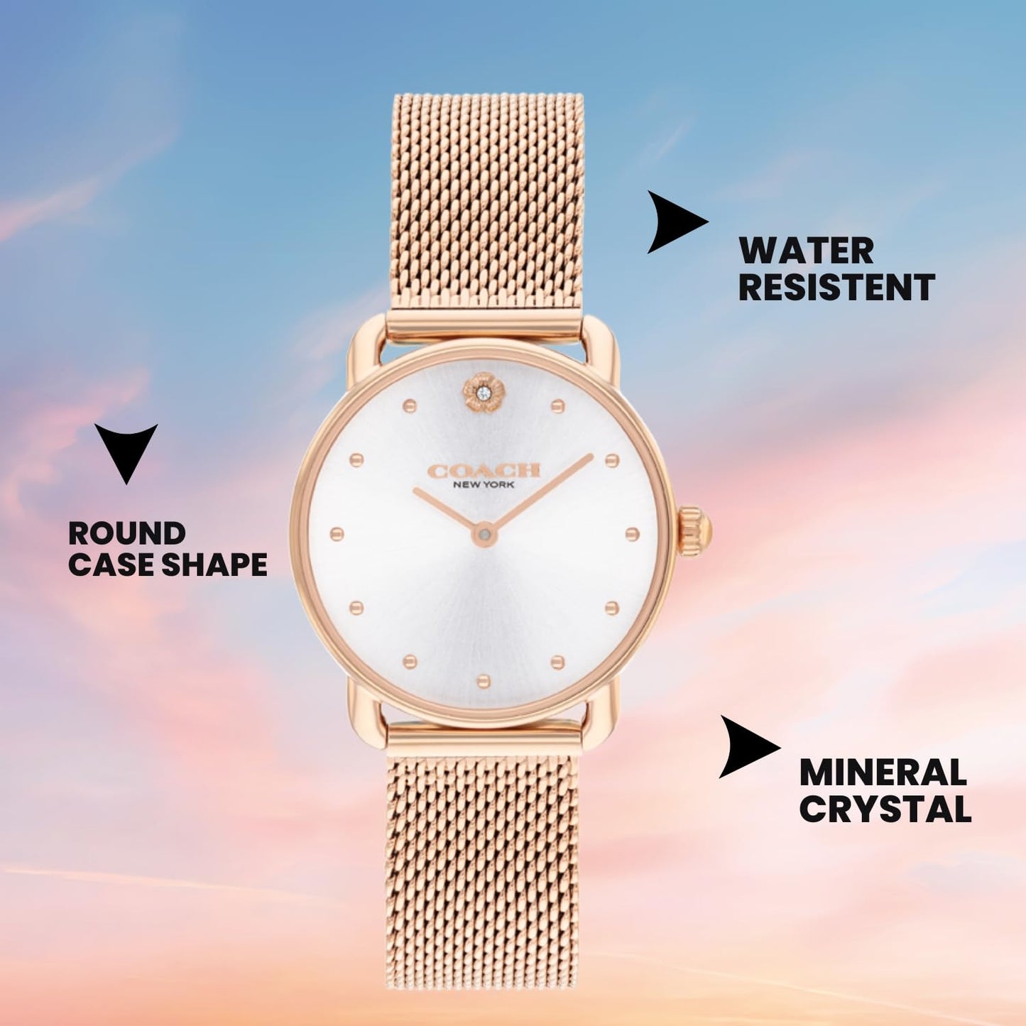 Coach Elliot Qtz Basic Silver White Round Dial Women's Analog Watch|Ionic Plated Rose Gold Steel Material|Gold Color Band - 14504222