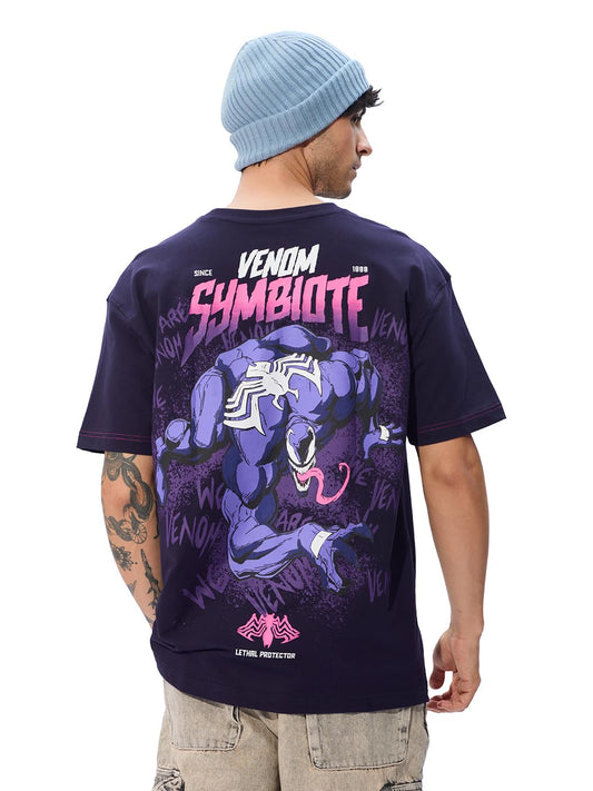 The Souled Store Official Marvel: Venom Symbiote Oversized T-Shirt for Men Boys Cotton Casual Half Sleeves Baggy Loose Fit Drop Shoulder Round Neck Navy Blue