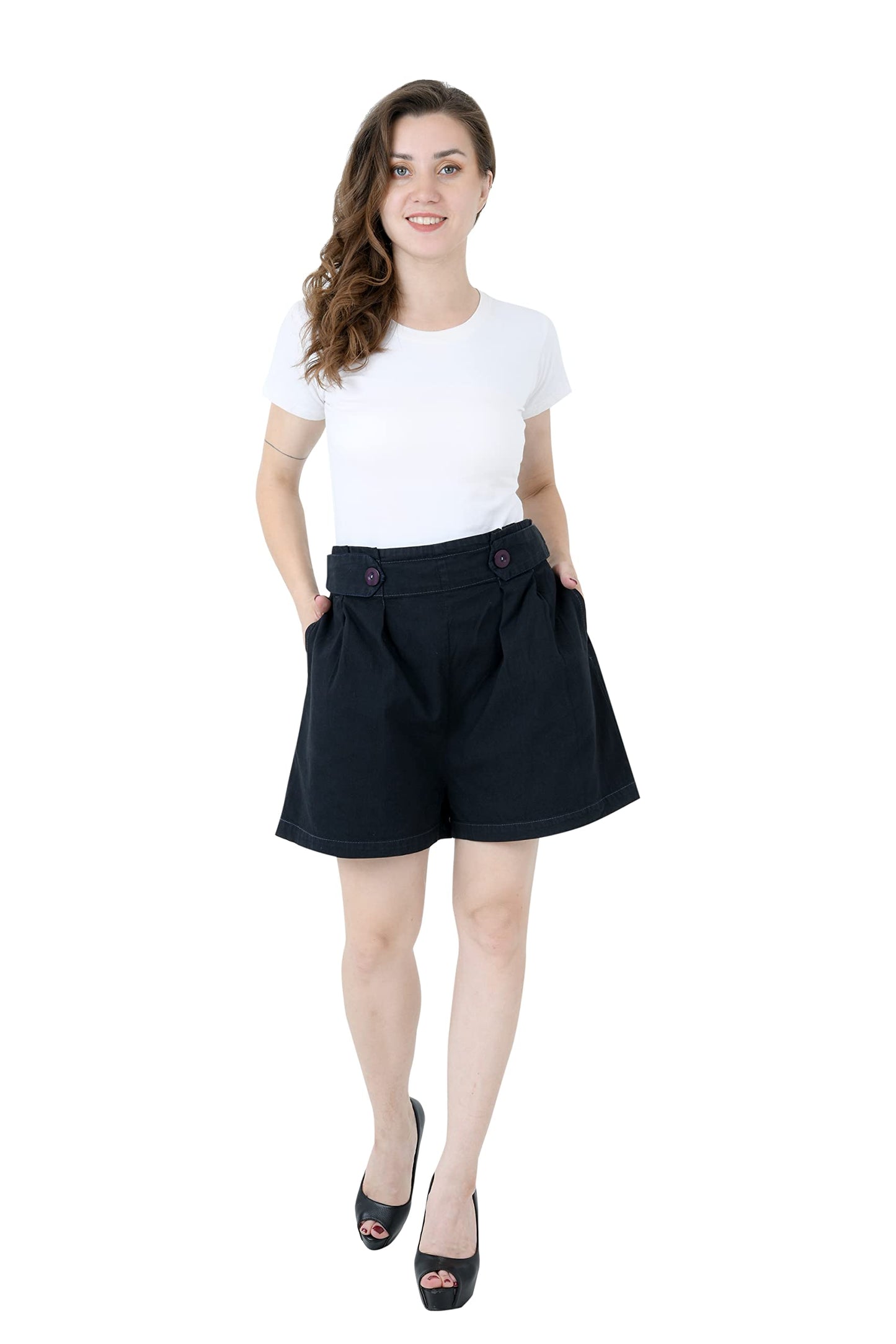 Tara Lifestyle Solid Women Blue Denim High Waist Shorts-Hot Pant (Medium, Black)