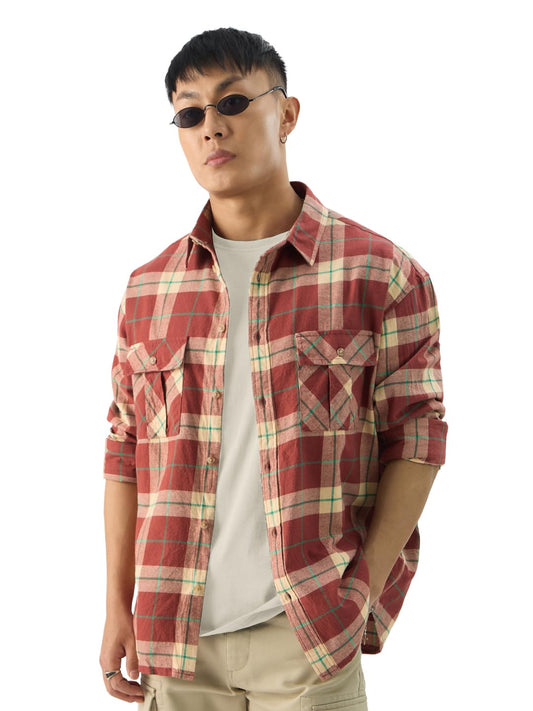 The Souled Store Checks: Almond Cream Men and Boys Long Sleeve Collared Neck Button Down Cotton Relaxed Fit Shirts