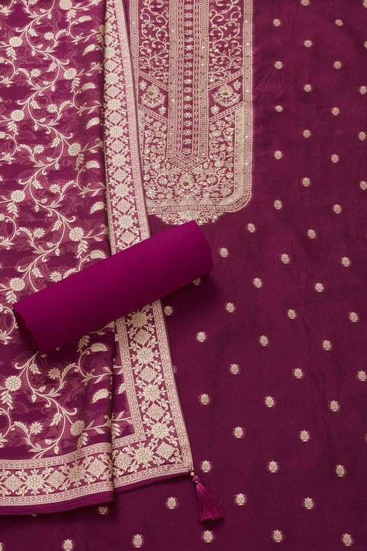 Soch Womens Magenta Organza Zari Woven Unstitch Dress Material With Sequins