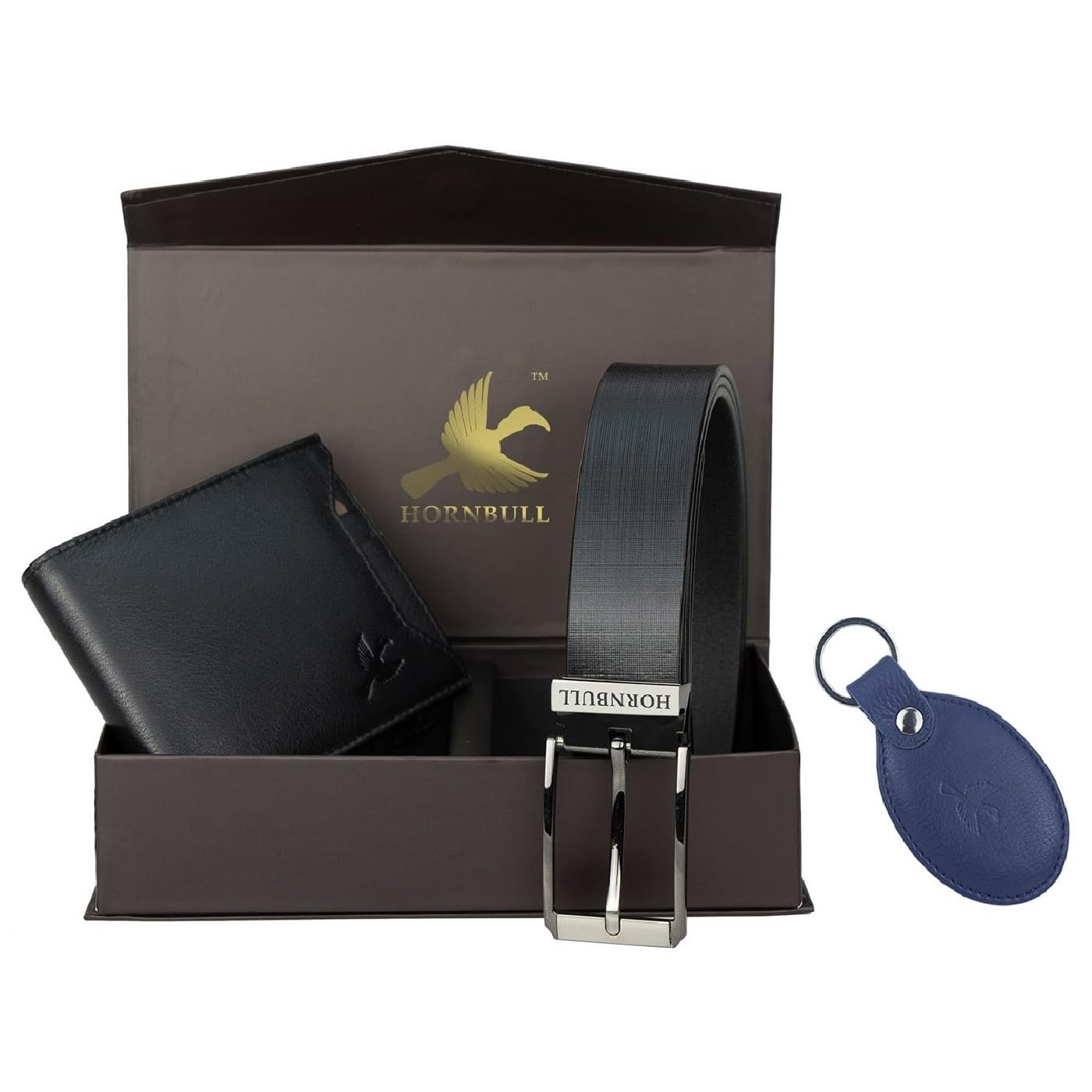 Hornbull Men's Black Wallet Navy Keyring and Black Belt Combo BW10491