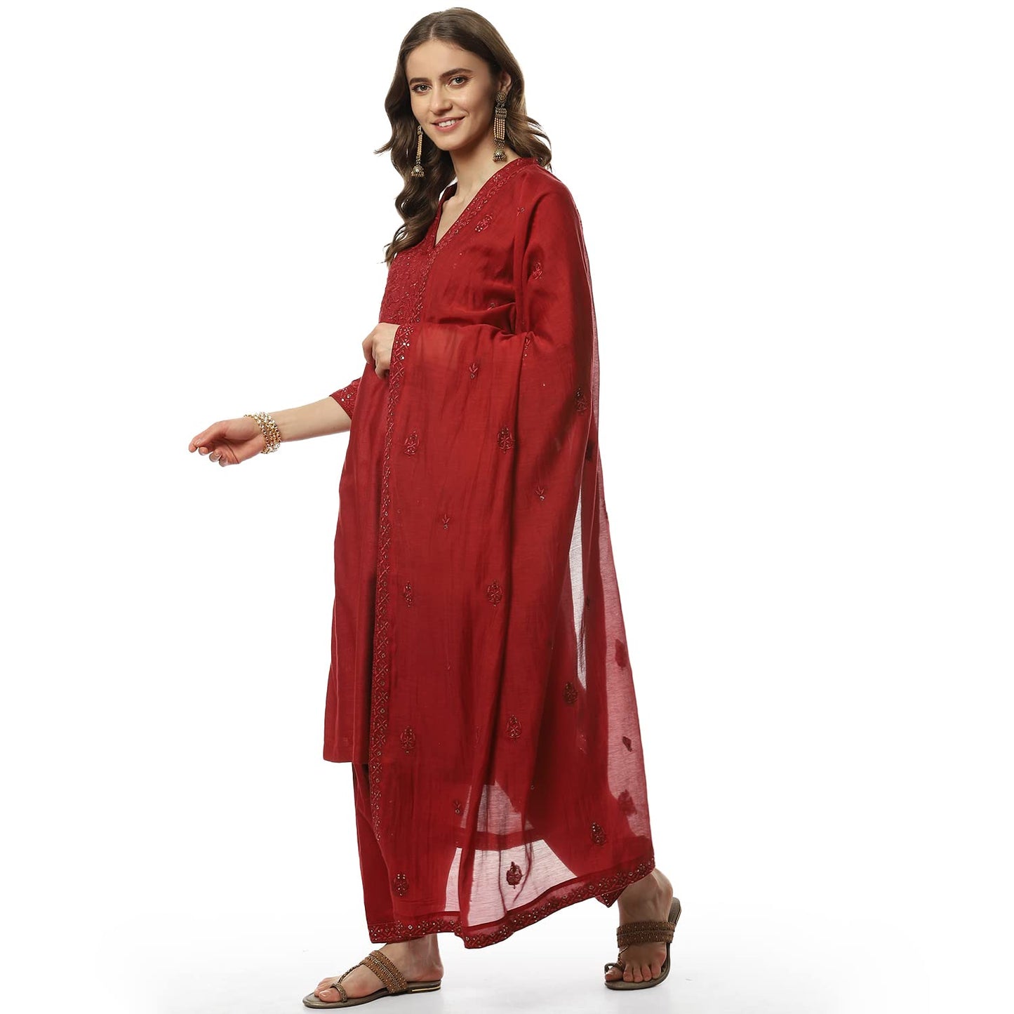 BIBA WOMEN EMBROIDERY RELAXED SALWAR KURTA DUPATTA(SKDCHIKANKA8155_CHERRY RED_36)