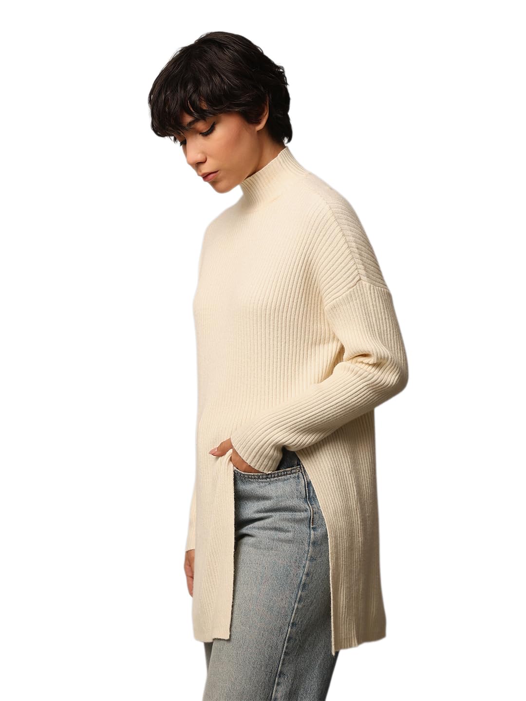 ONLY Women's Rayon Blend High Neck Pullover Sweater (15311810-Whitecap Gray_Whitecap