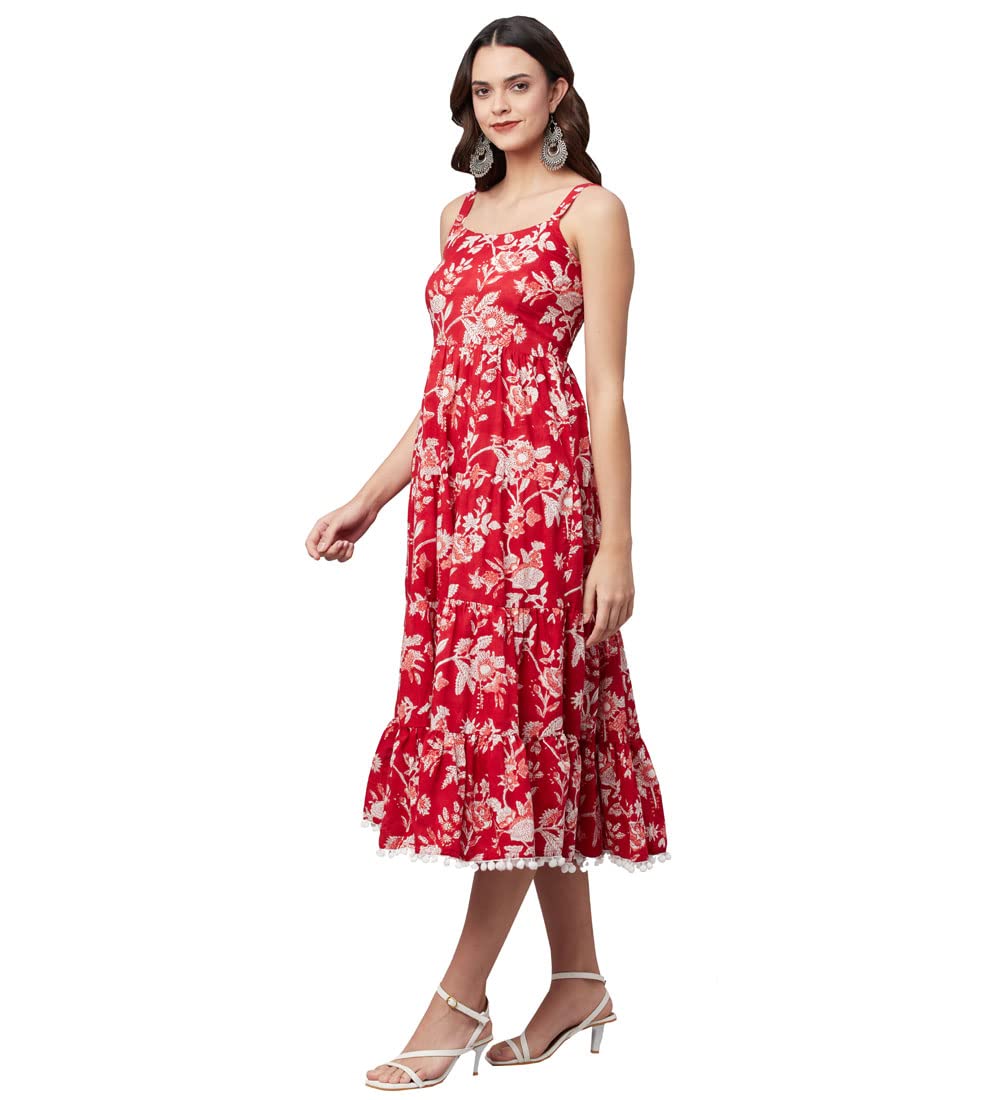 Divena Red Floral Printed Shoulder Strap Long Dress