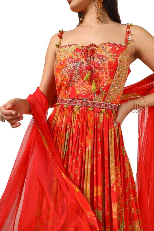 Soch Womens Red Crepe Floral Print Gown with Mirror Work