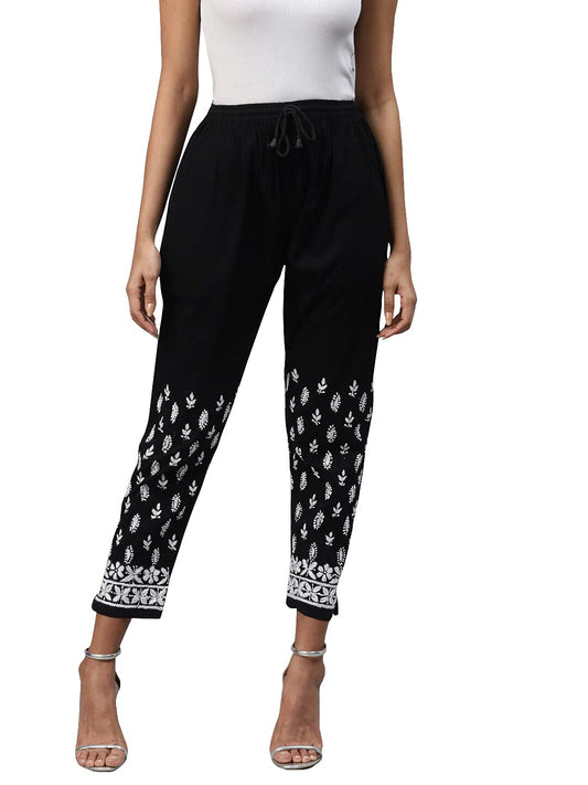 Ada Hand Embroidered Lucknow Chikankari Cotton Regular Fit Palazzo Pant For Women L711124 Black
