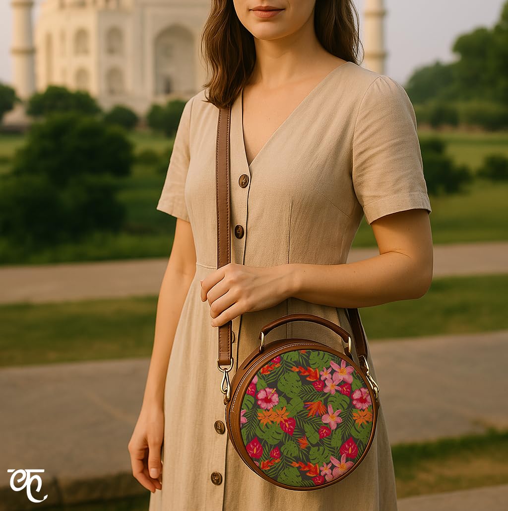 Kalankit Round Sling For Women | Girls Crossbody Bags | Side Bags With Adjustable Strap | Travel Box Sling Bags | Tropical Paradise
