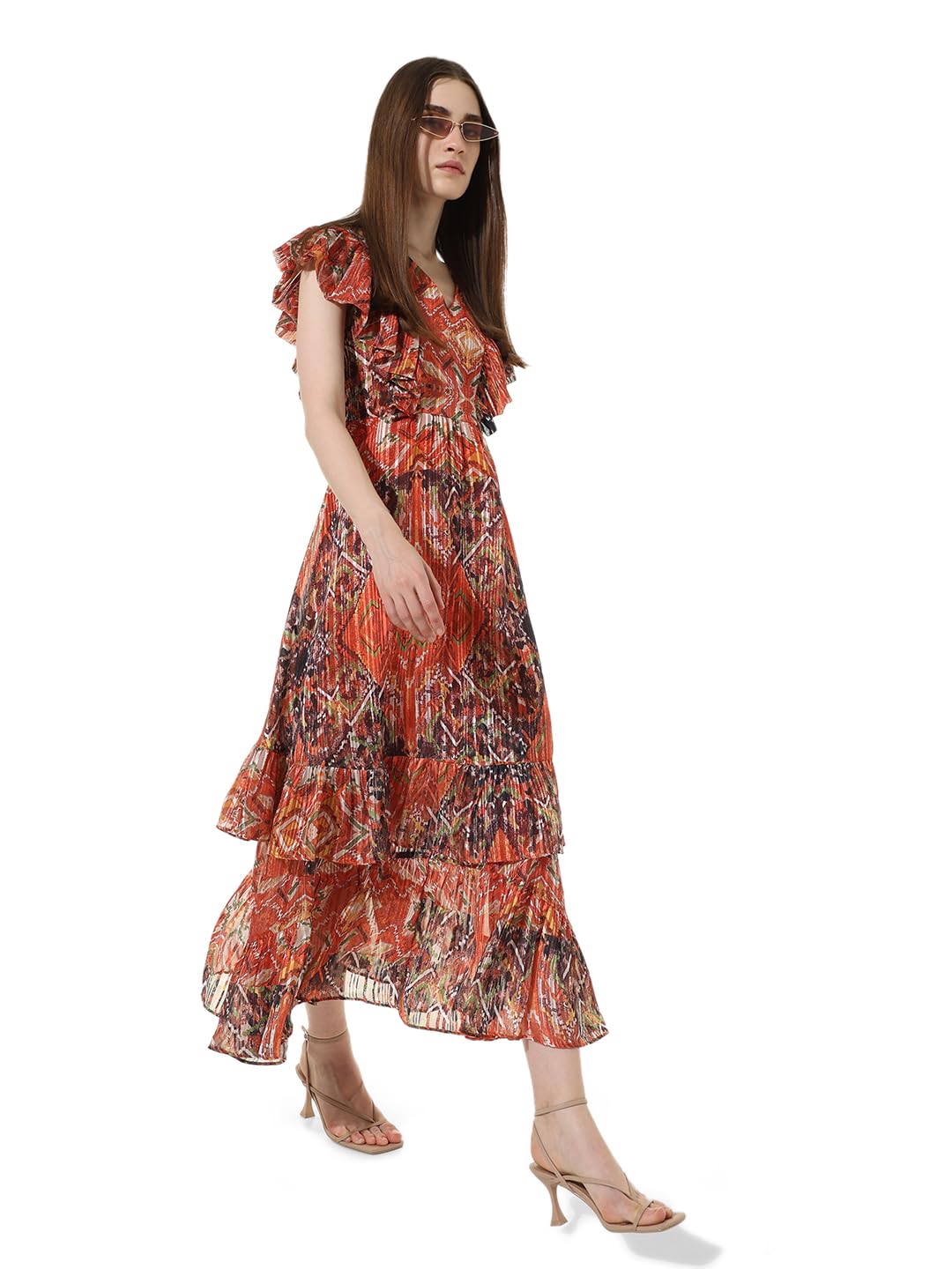 ONLY Women Printed Polyester Blend Ankle Length Brown Tiered Dress