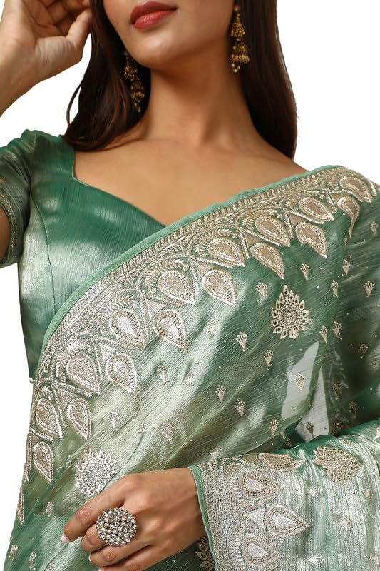 Soch Womens Light Green Organza Embroidered Saree With Stone Work