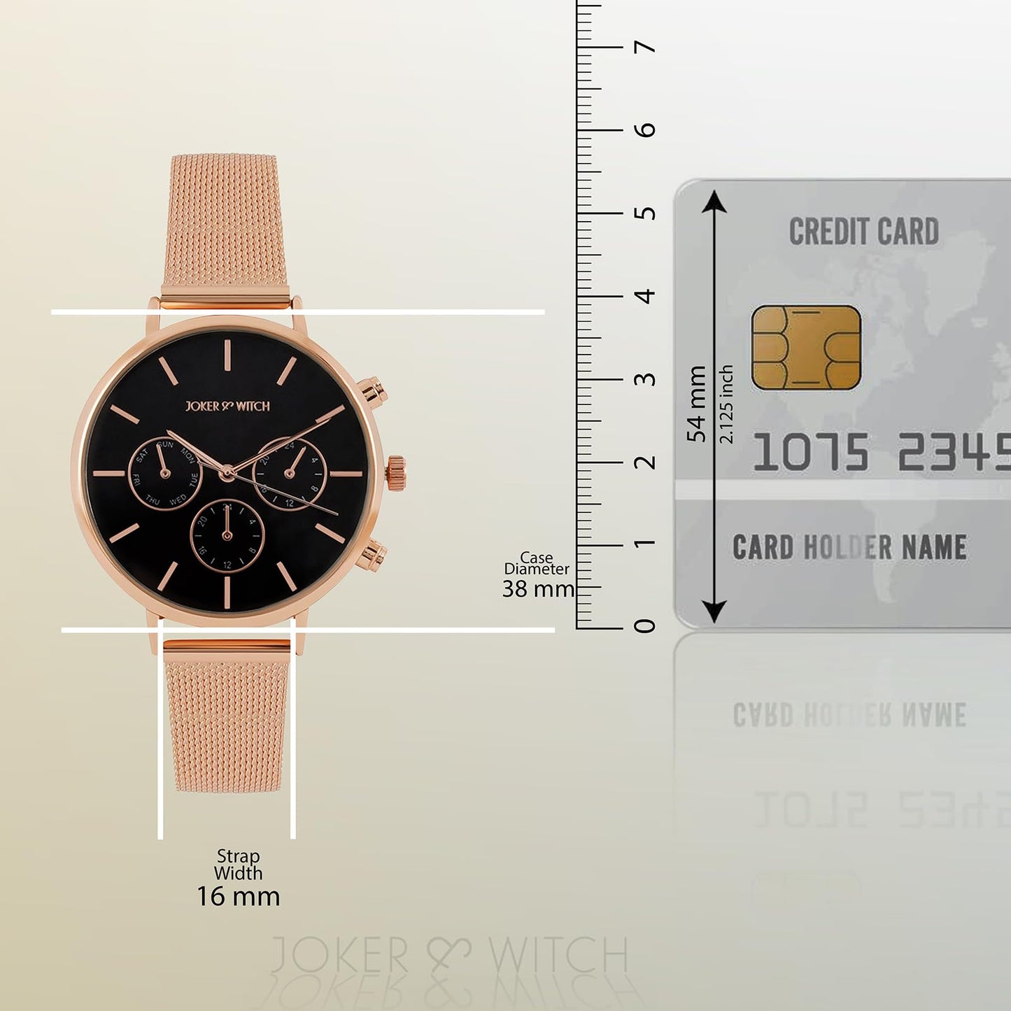 Joker & Witch Women Moscow 38mm Black Dial 16mm Rose Gold Steel Mesh Watch