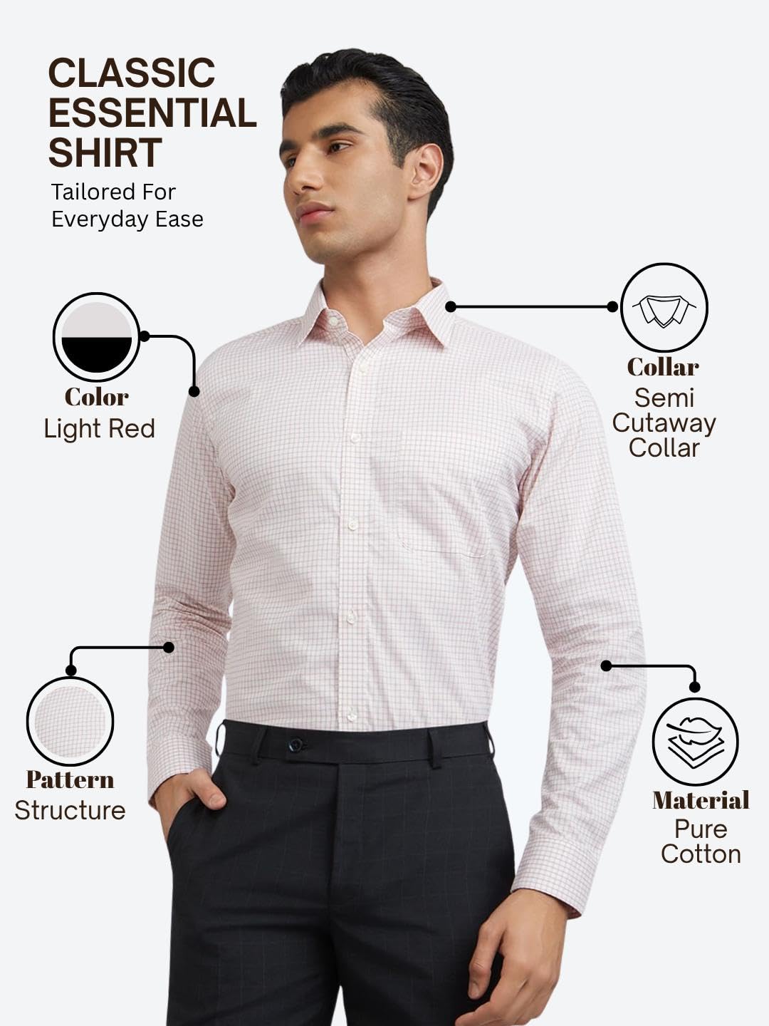 Raymond Men's Slim Fit Structured Formal Shirt - Pure Cotton, Full Sleeve, Semi Cutaway Collar | Light Red