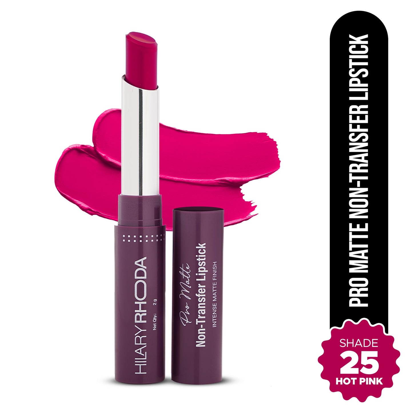 Hilary Rhoda Pro Matte Non-Transfer Lipstick | Waterproof & Non-Transfer Lipstick | 12-Hour Long Stay | Smudge-Proof | Highly Pigmented Matte Finish Lipstick | 2g (Hot Pink - Shade 25)