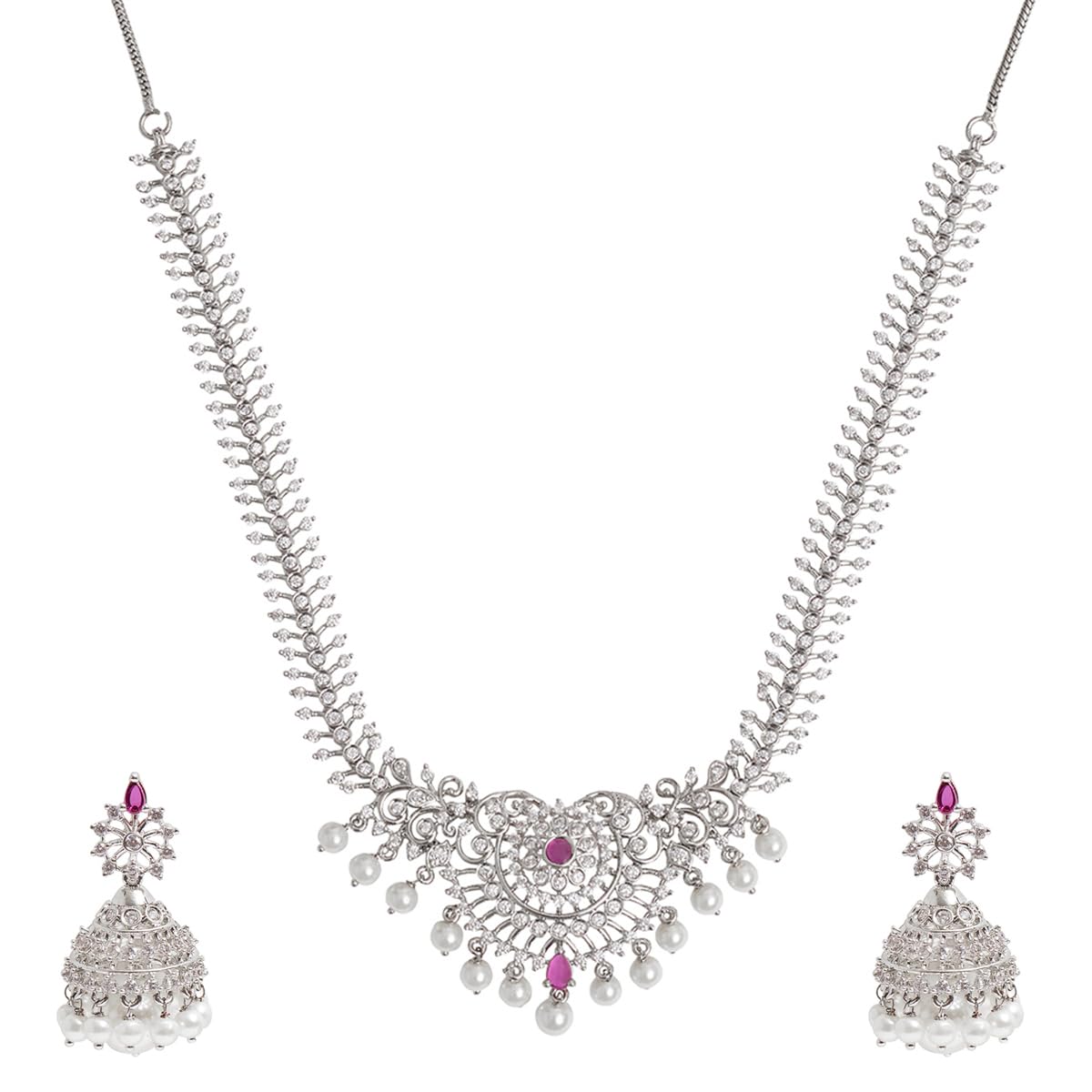 VOYLLA Cz Elegance Silver Plated Brass Necklace Set For Women|Womens Jewellery Set|Gift For Women|Womens Gift|Gift For Her|