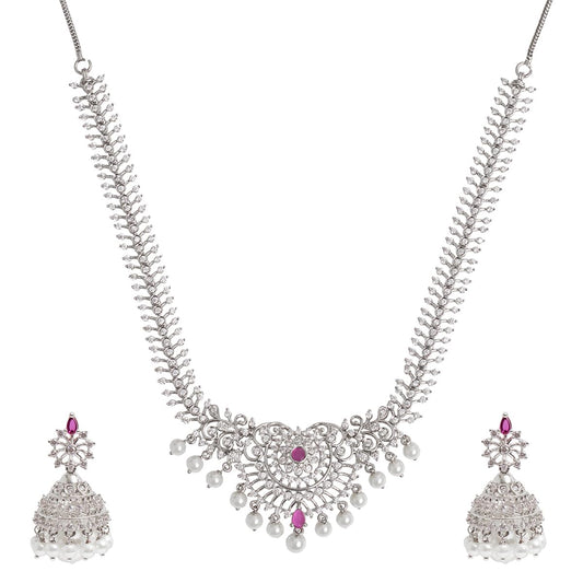 VOYLLA Cz Elegance Silver Plated Brass Necklace Set For Women|Womens Jewellery Set|Gift For Women|Womens Gift|Gift For Her|