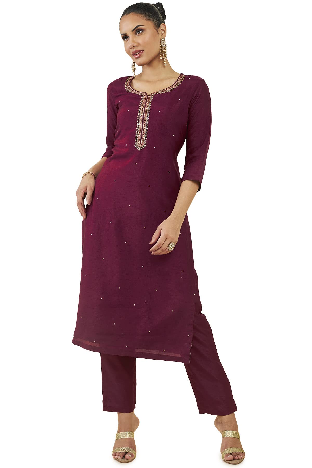 Soch Women Maroon Silk Blend Embellished Suit Set(8907715950458_Maroon_S)