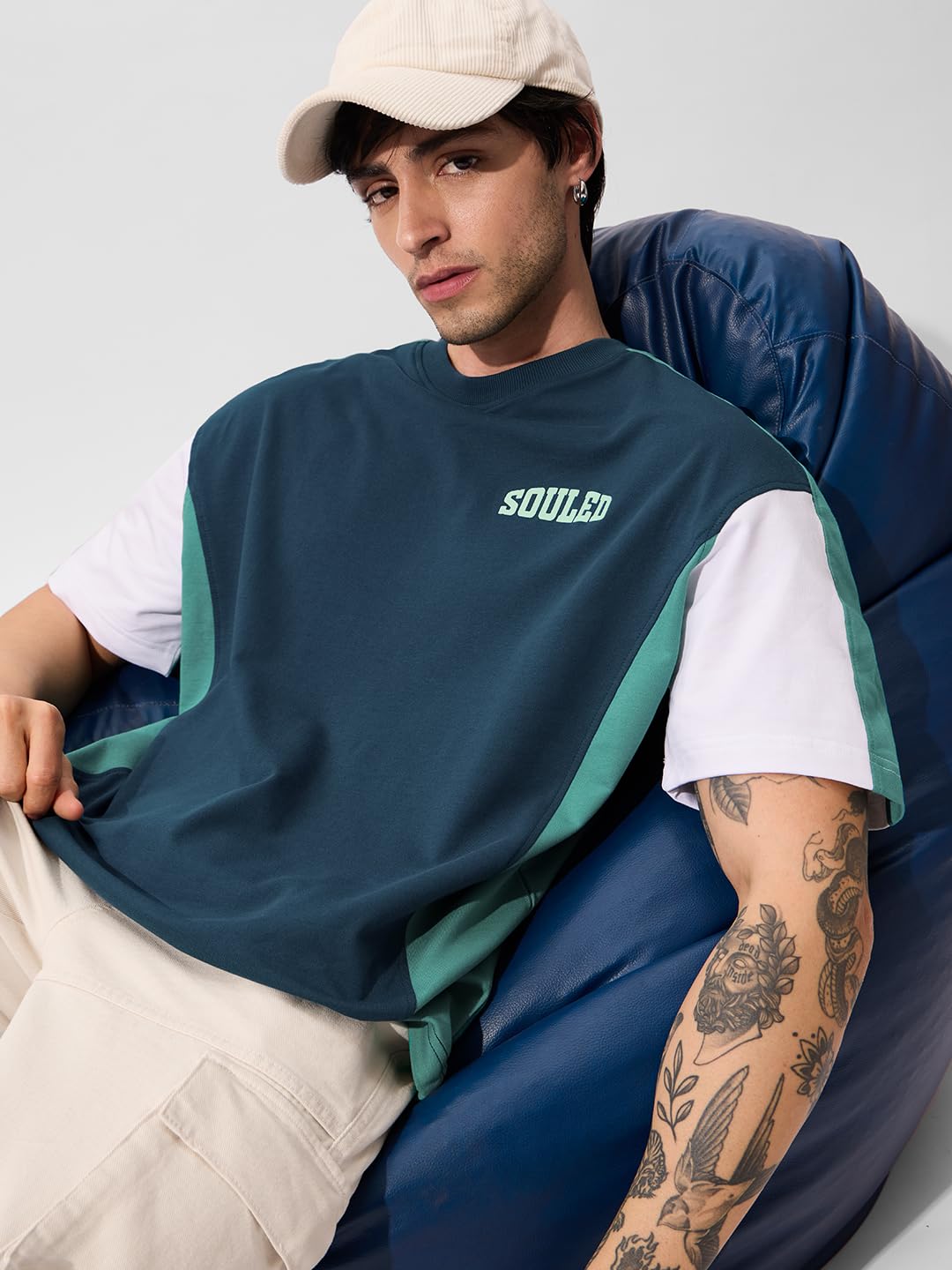 The Souled Store Solids: Deep Sea Blue Oversized T-Shirt for Men Boys Cotton Casual Half Sleeves Baggy Loose Fit Drop Shoulder Round Neck