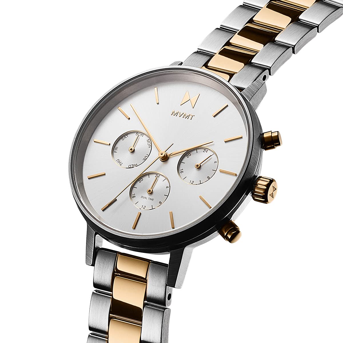MVMT Nova Qtz Multifunction White Round Dial Women's Watch|Two Tone Stainless Steel Material|Silver Color Band - 28000113-D