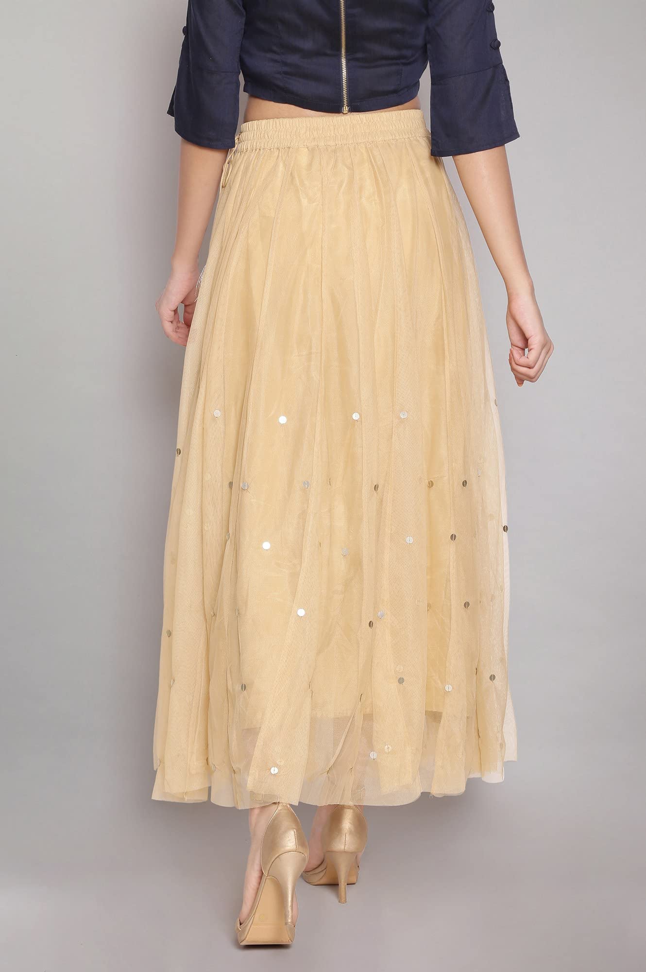 W for Woman Gold Solid Sequin Flared Woven Skirt (WCR50453-215243-S)