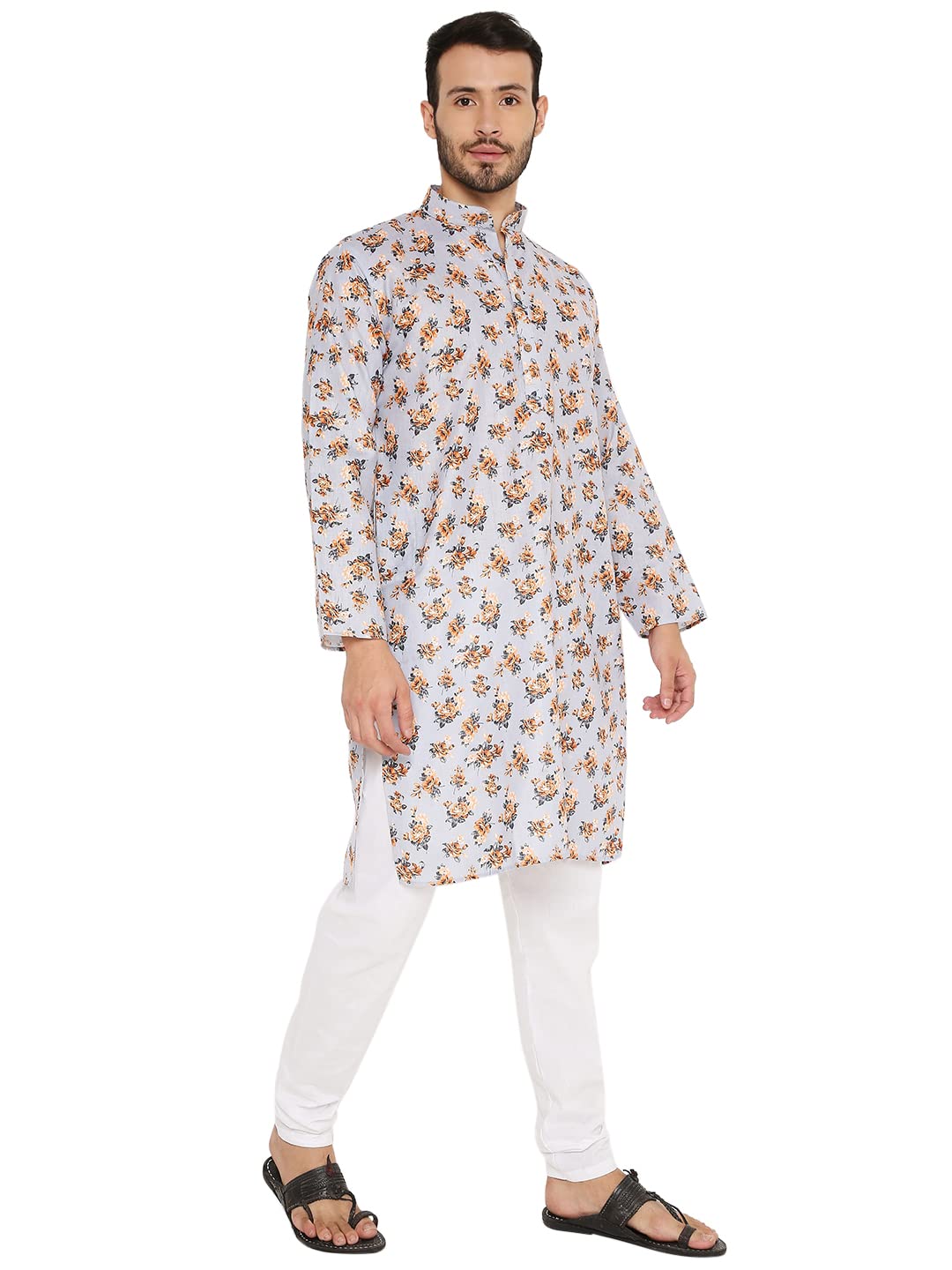 LUCKWIN Linen Regular Fit, Mandarin Collar, Floral Print Kurta Pajama Set in Light Grey for Men [LWKP169-36-2023]