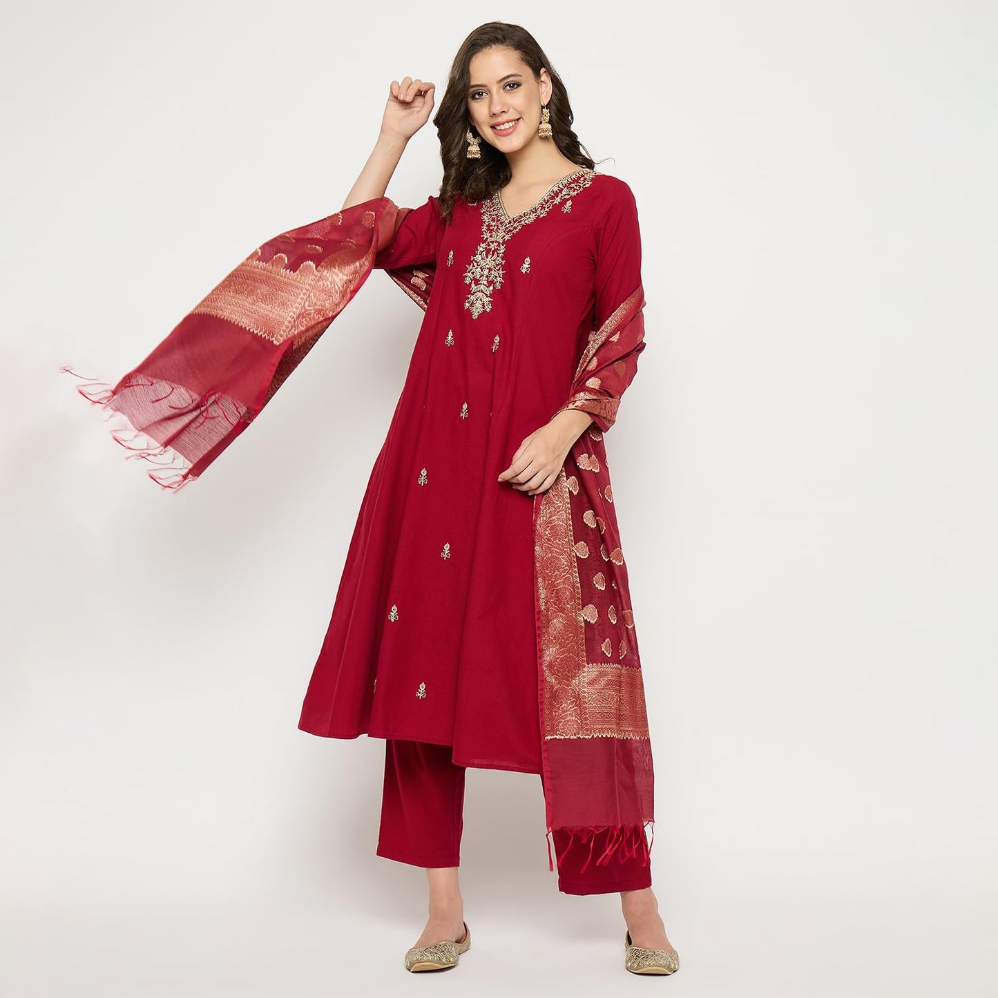 Rangavali Mangalagiri Anarkali Suit Set | Maroon Embroidered Managalgiri Readymade Outfit Kurta, Pant & Banarasi Dupatta for Women | Kurti Set for Ladies | 3 Pcs, 2XL, 42