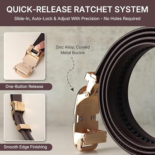 HAYES LONDON Genuine Leather Belt for Men with Auto Lock Ratchet Buckle | No Hole Micro Adjustable Slide Lock Belt | Premium Casual & Office Wear Men’s Belt, (Onesize) Vanguard_Brown_Gold