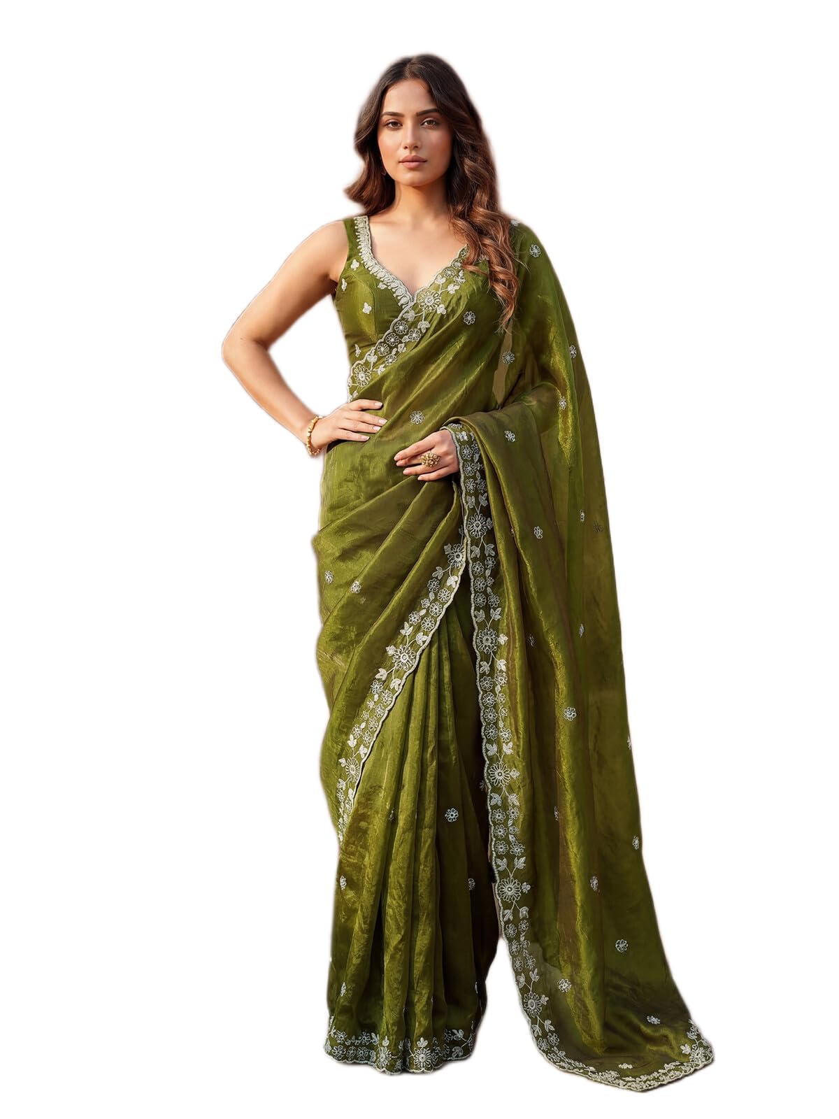 SIRIL Women's Tissue Silk Scalloped Border Embellished Sequins Embroidery Saree with Unstitched Blouse Piece (4793S141A_Mehndi Green)