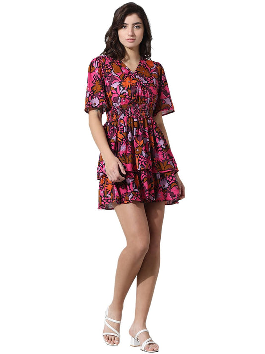 ONLY Women Printed Cotton Above Knee Pink Tiered Dress