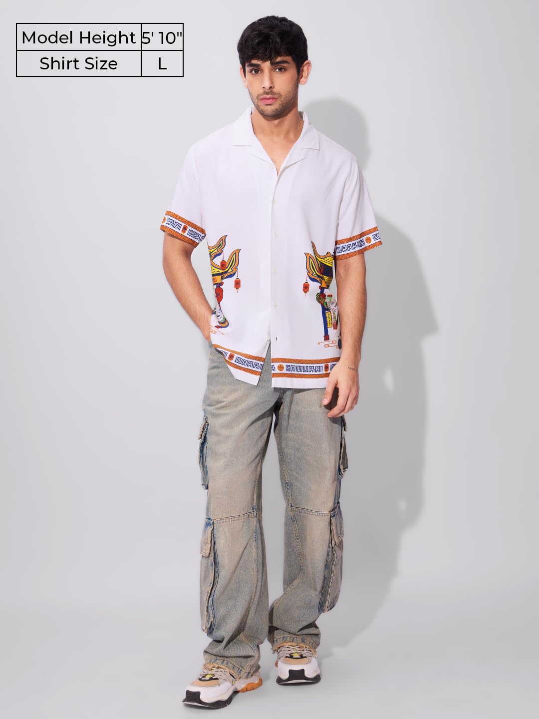 The Souled Store Samurai Men and Boys Short Sleeves Collared Neck Button Front White Graphic Printed Rayon Holiday Shirts