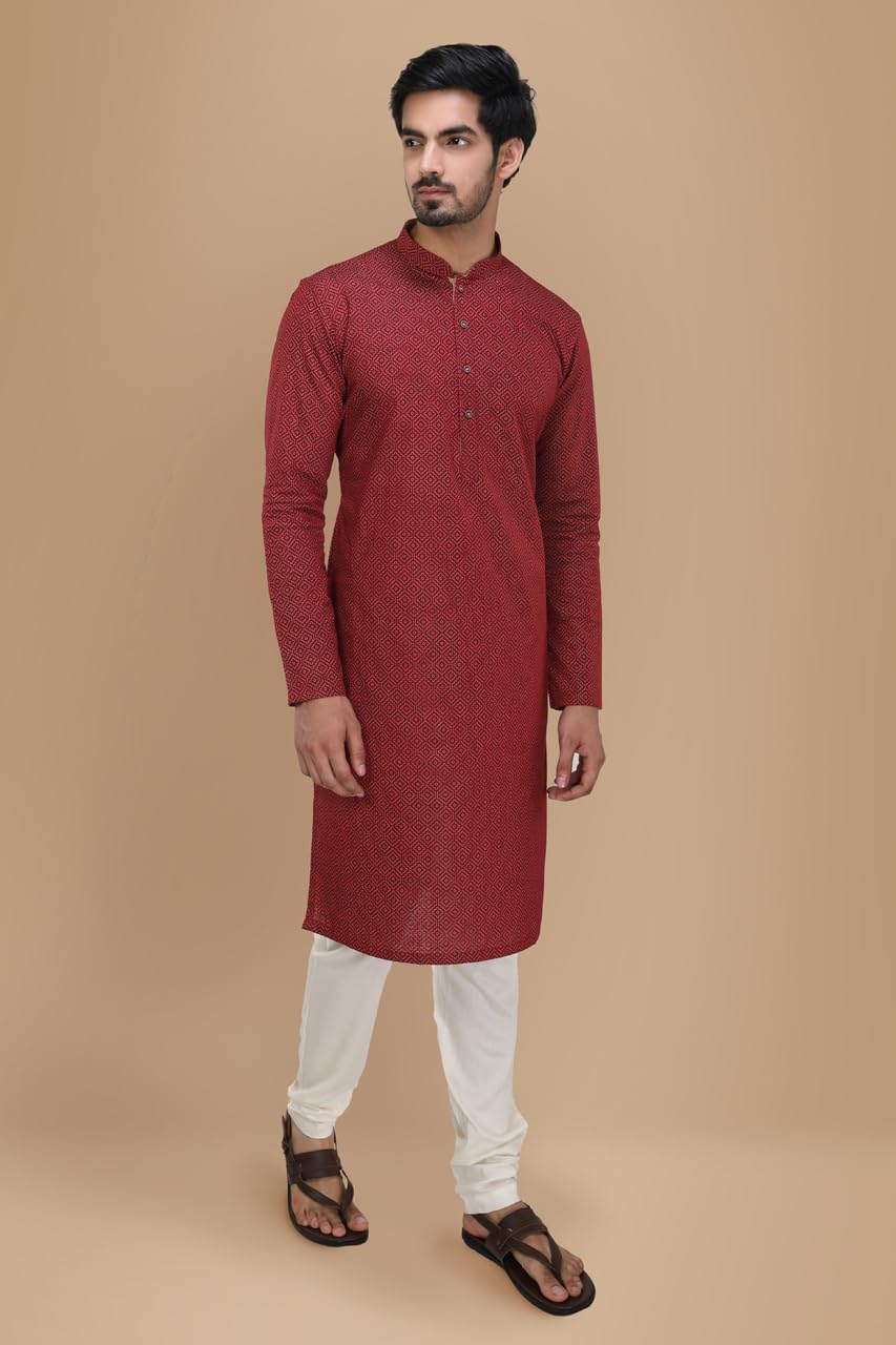 Manyavar Men's Maroon Printed Kurta (L)