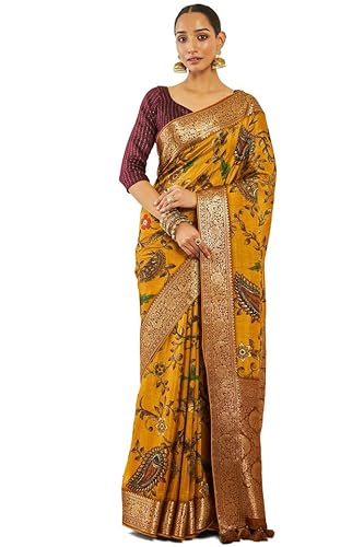 Soch Womens Mustard Crepe Saree With Floral Kalamkari Print And Zari Borders