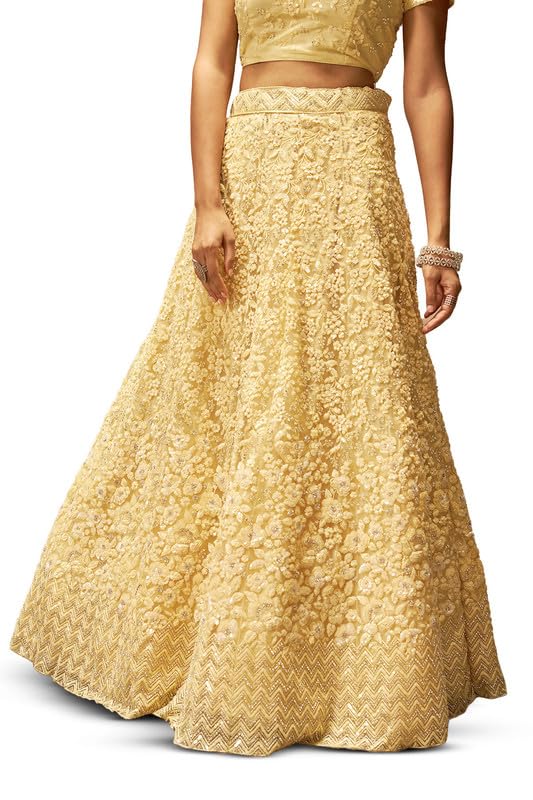Soch Womens Yellow Net Floral Embroidered Sequin Embellished Unstitched Lehenga Set
