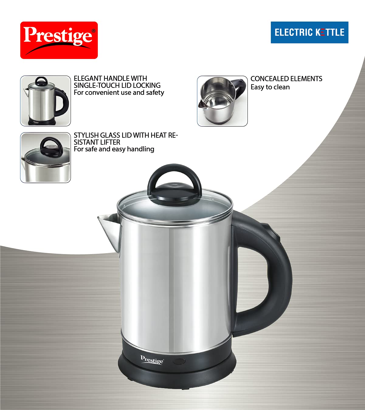 Prestige 1.7L PKGSS Stainless Steel Electric Kettle | 1500 Watts | Glass Lid with heat resistent handle | Single Touch lid locking |Automatic Cut Off | Silver