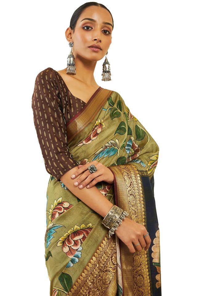 Soch Womens Olive Crepe Saree With Floral Kalamkari Print And Zari Borders