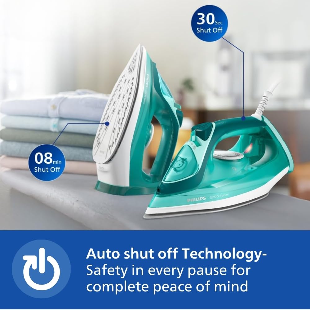 Philips Speed Pro DST3030/70 Steam iron 2400 W Green World's No.1 Ironing brand, 40g/min Steam with 180g Steam Boost Ceramic Soleplate with Auto Shut-off & Drip Stop Technology, Large 300ml Water Tank