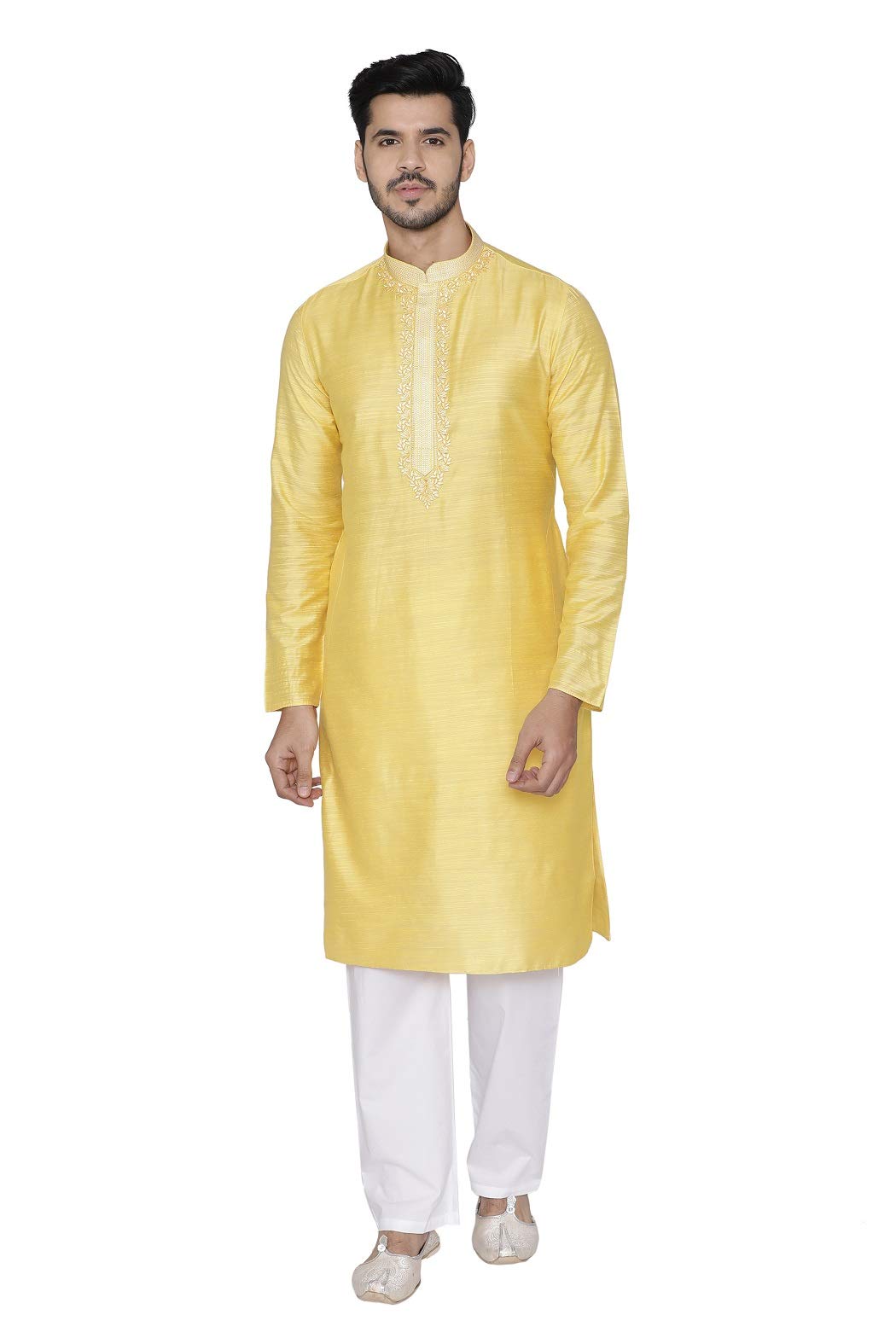 Manyavar Self Design Knee Long Full Sleeves Kurta and Churidar Set For Men - (Yellow, X-Large)