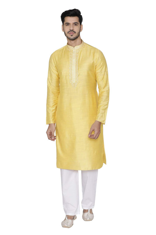 Manyavar Self Design Knee Long Full Sleeves Kurta and Churidar Set For Men - (Yellow, X-Large)