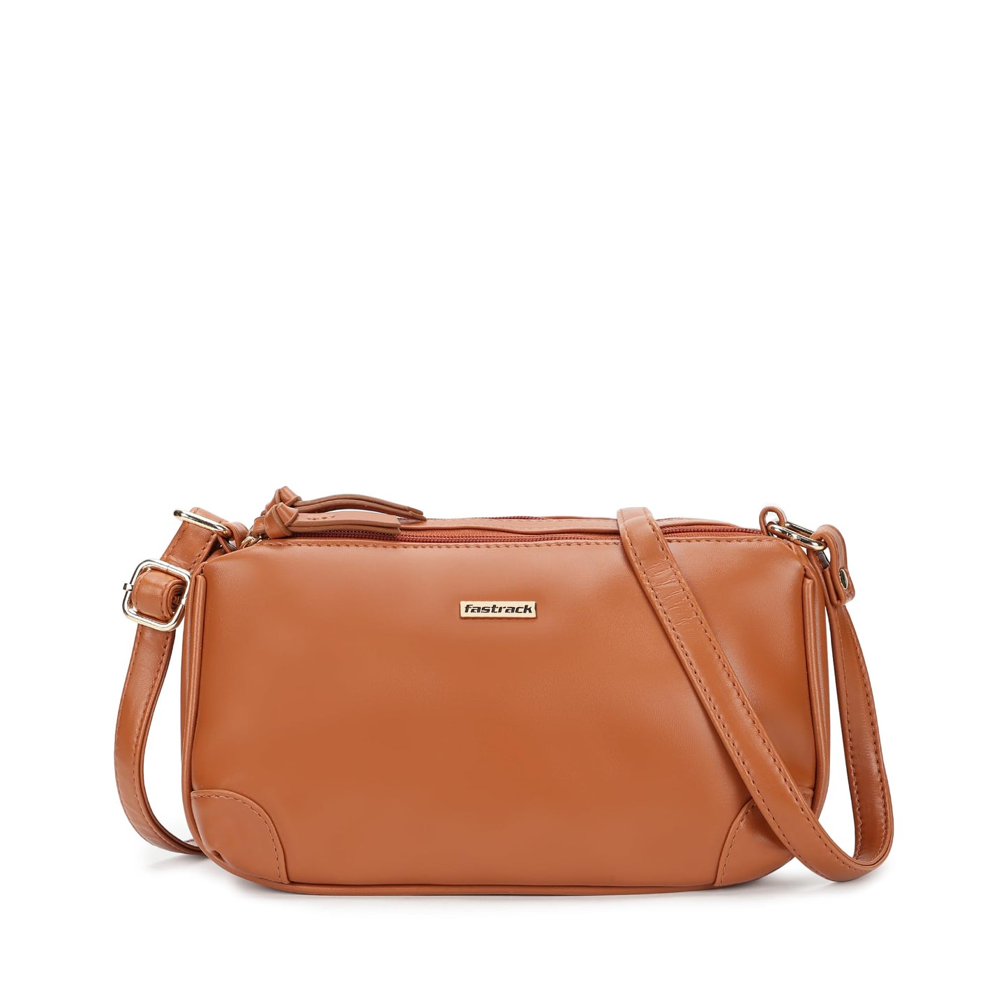 Fastrack Tan Sling Bag for Women | Minimal Faux Leather Crossbody with 2 Zippered Compartments & Quick-Access Pocket | Adjustable Strap Sling for Everyday Outings & College