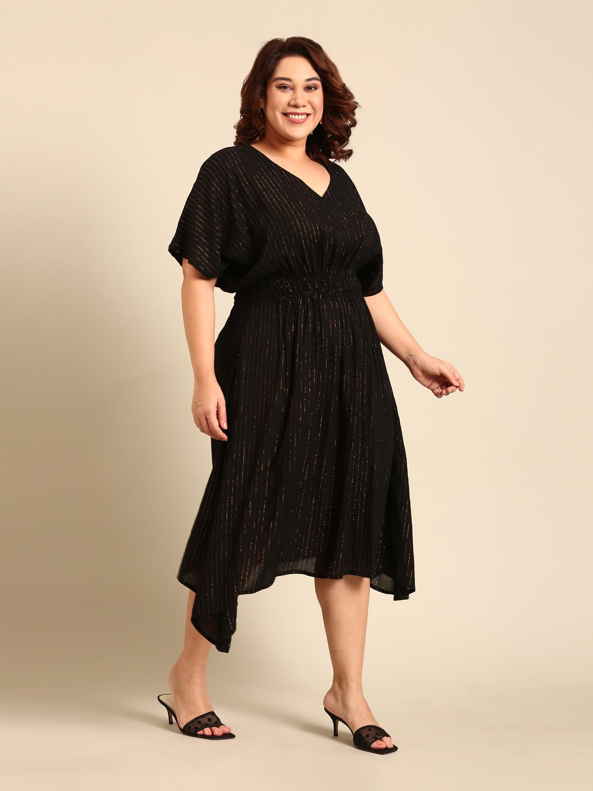 The Pink Moon Women's Maxi Plus Size Black and Gold Lurex Dress with Waist Smocking Dress - (DRS_SMKING_GOLDLX_Black_2XL)