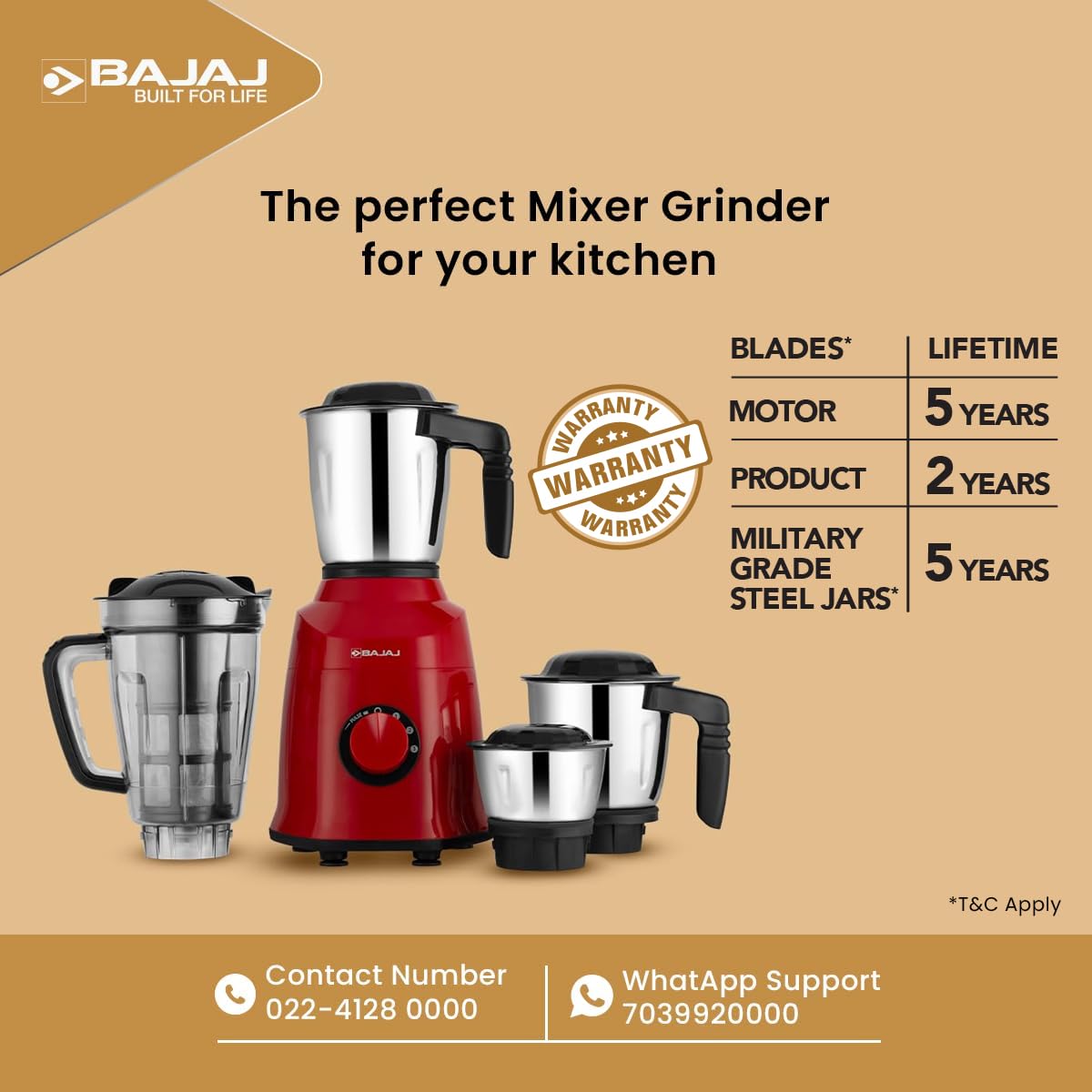 Bajaj Military Series Rex 750W 4 Jar Mixer Grinder | DuraCut Blades | 2-In-1 Function Blade In Dry Jar | 2 Yrs Warranty 【Red/Black】