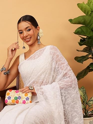 Ada Hand Embroidered Lucknowi Chikankari Georgette Saree for Women with Unstitched Blouse Piece A311382 White