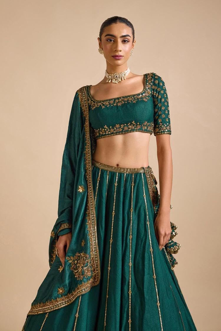JIHU CULTURE Dark Green Vichitra Silk Sequence Embroidery Work Semi- Sttiched Lehenga Choli Set For Women's-JH254GRN